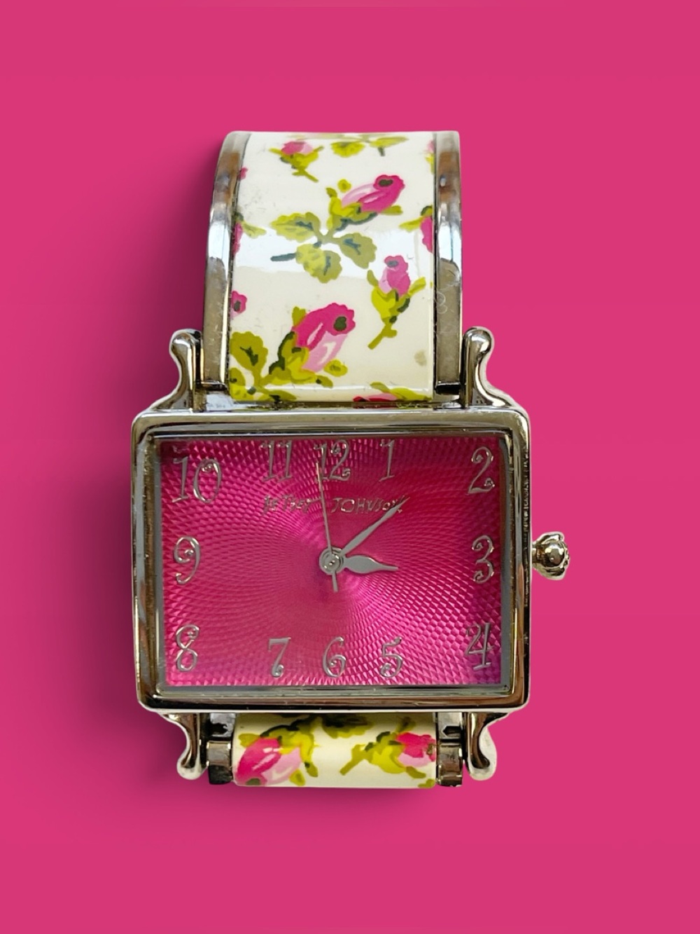Y2K Betsey Johnson rosebud floral watch with a square hot-pink textured dial